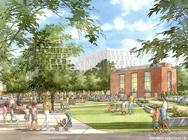 illustrated rendering of open community space at the project site